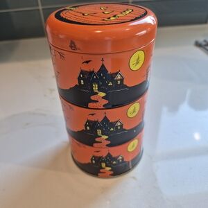 Vintage Halloween Holiday Orange and Black Tin Pumpkin Witch Skeleton